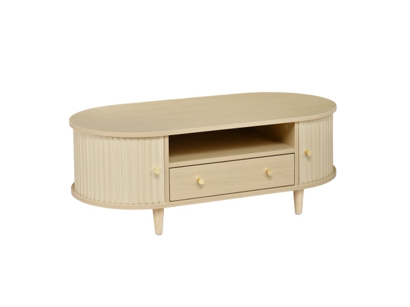 Table basse ovale effet chêne 100 x 50 x 36 cm avec 1 tiroir, niche ouverte et porte tambour, meuble de salon mdf  - Conforama A