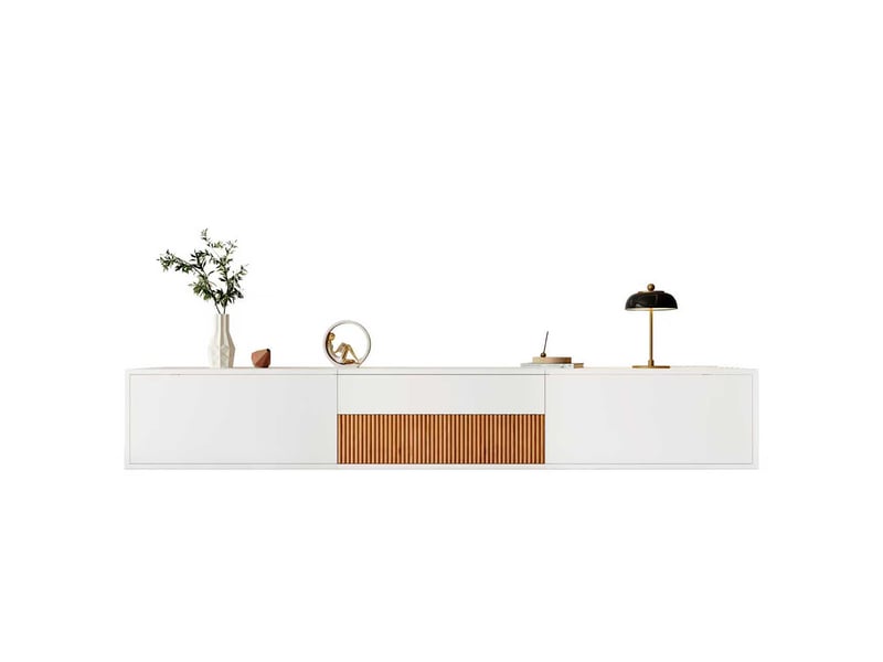  Meuble tv 180 cm mural ou sur pied avec support pour vidéoprojecteur - blanc et bois  - Conforama A