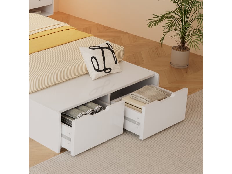  Lit enfant en bois 90x200cm - tête de lit rembourrée - avec 2 tiroirs et banc de bout de lit - blanc (sans matelas)  - Conforama R