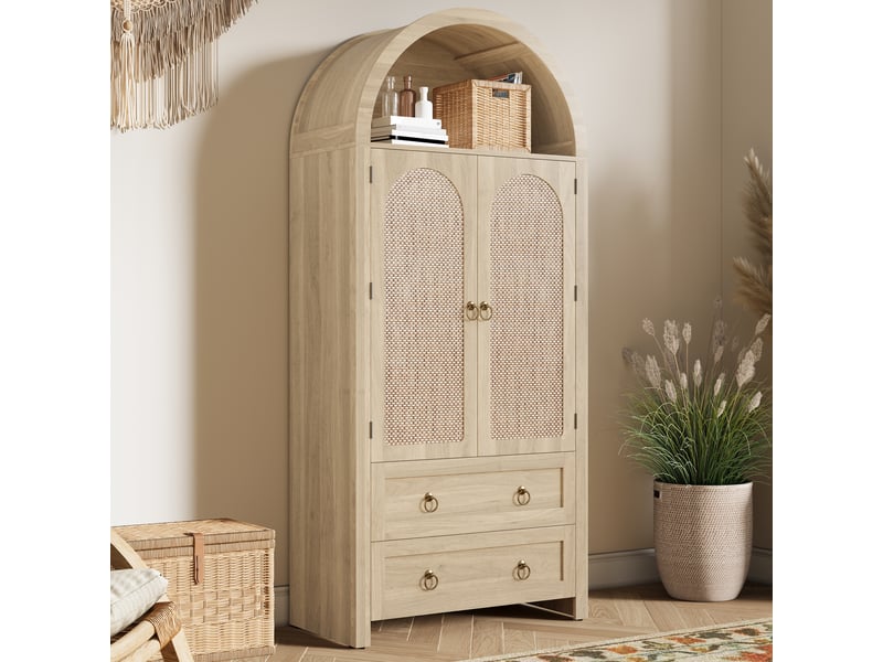  Armoire de rangement 80x40x180 cm avec portes en cannage rotin, style arqué, 2 tiroirs et étagères, buffet haut - aspect chêne  - Conforama C