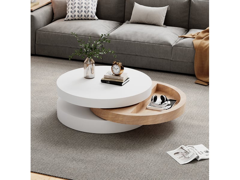  Table basse pivotante avec 3 plateaux et rangement dissimulé en mdf blanc et bois naturel pour salon 60 × 60 × 35,1 cm  - Conforama D