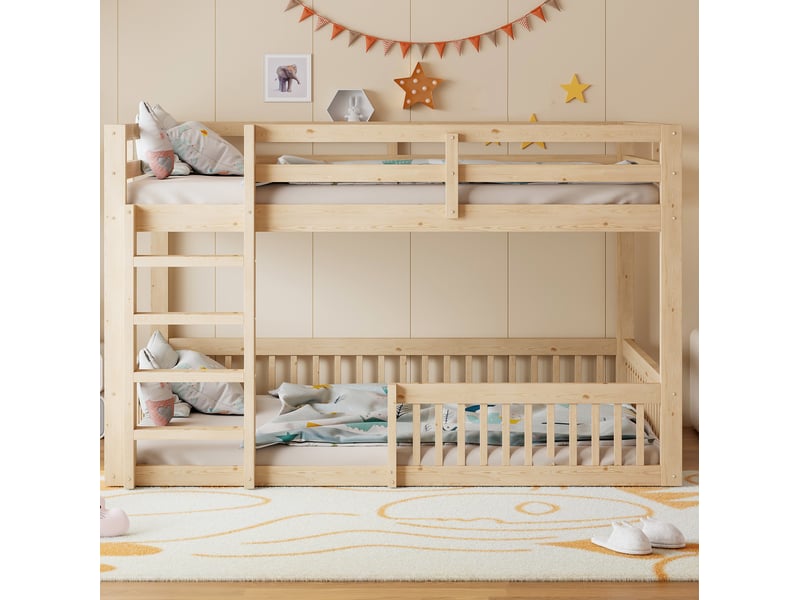  Lit superposé 160 × 200 cm avec barrières de sécurité et échelle en bois et mdf naturel pour chambre enfant partagée  - Conforama D