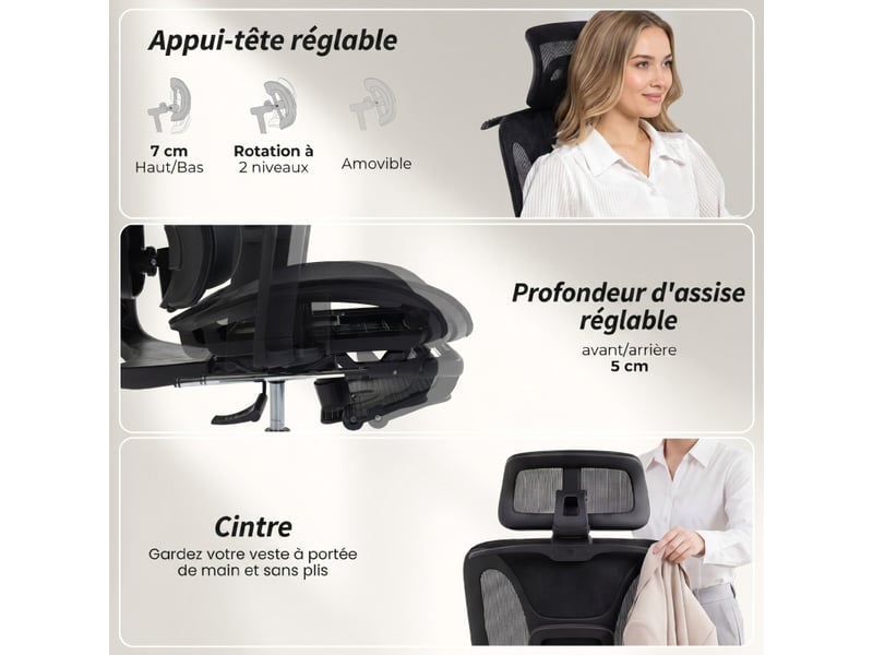  Belrae chaise de bureau ergonomique inclinable réglable noir  - Conforama D