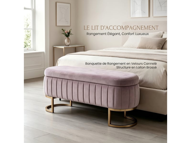  Banc de lit rose 130 cm en velours avec coffre de rangement et pieds en métal doré  - Conforama B