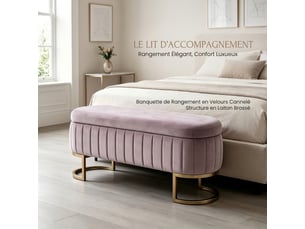 Banc de lit rose 130 cm en velours avec coffre de rangement et pieds en métal doré