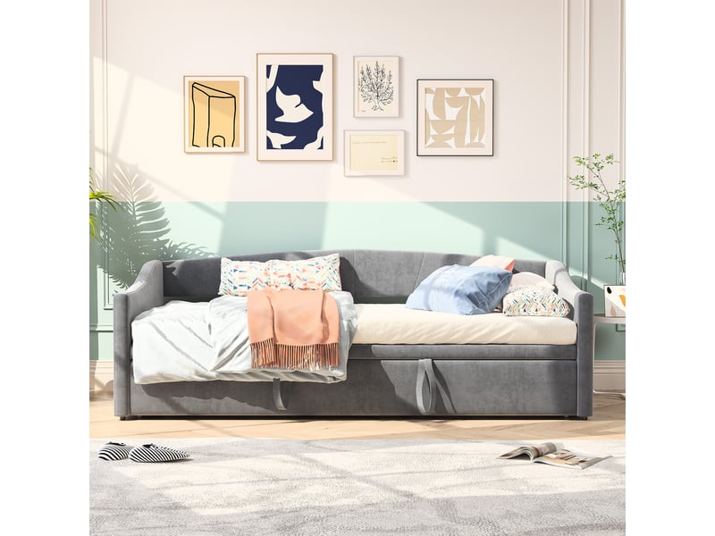  Lit de repos extensible, 90180 x 200 cm, canapé-lit, lit rembourré, lit en velours, canapé-lit pour 2 adultes, sans matelas, gris  - Conforama E