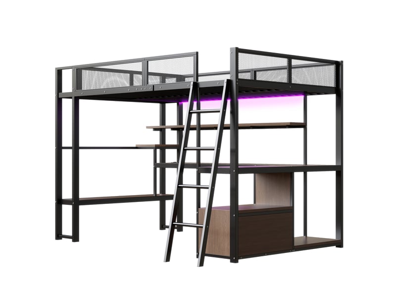 Lit mezzanine 140 x 200 cm, en métal, avec espace de travail intégré, éclairage led et grand espace de rangement, noir. - Conforama E
