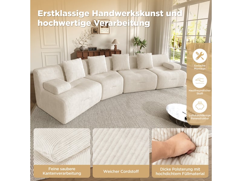  Canapé modulable 4 places en velours côtelé, 4 modules, sans montage, 311×90×65 cm, charge 400 kg  - Conforama D