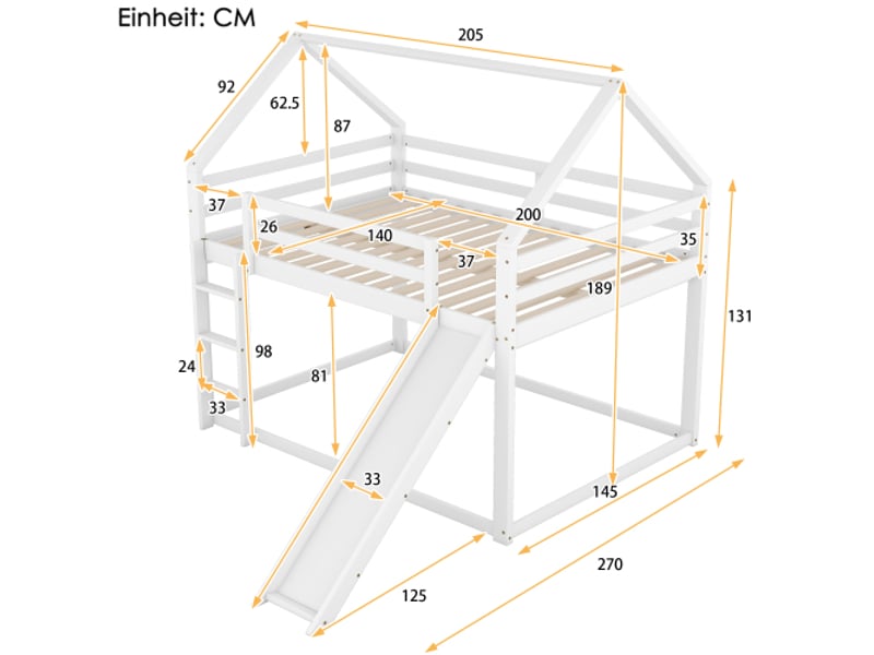 Lit superposé 140x200 cm, lit cabane avec tobaggan, en bois, blanc, sans matelas - Conforama D
