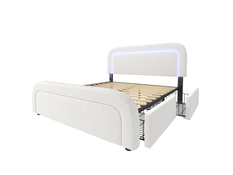  Lit rembourré blanc effet bouclette 140x200 cm avec led, usb et type-c, 4 tiroirs Fay Lum - Conforama E