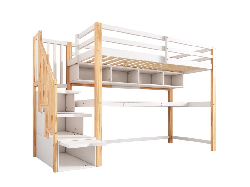  Lit mezzanine enfant avec bureau et étagères de rangement intégrées, lit surélevé 90x200 cm en bois massif sécurisé, coloris blanc et chêne.  - Conforama W