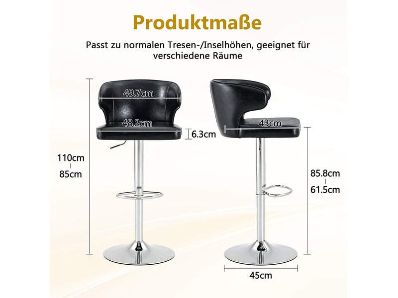  Tabouret de bar pivotant avec dossier, hauteur réglable, assise large et repose-pieds, en pu noir  - Conforama D