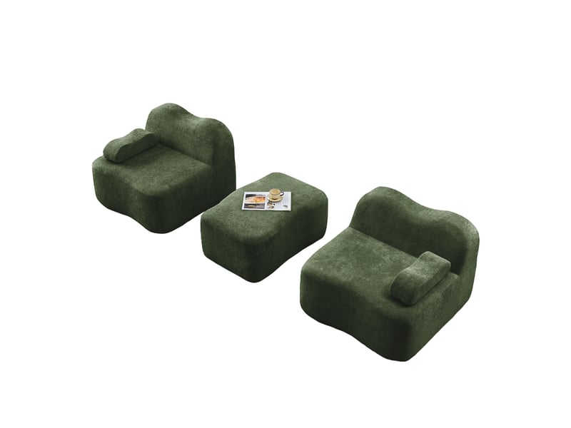 Canapé d'angle modulaire 2 places avec pouf en velours vert, forme ondulée - Conforama A