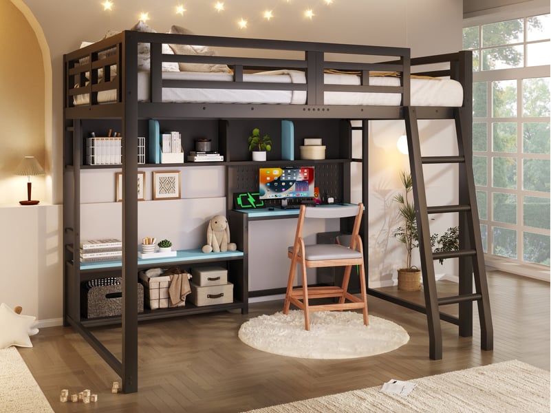 Lit mezzanine en métal, 140x200 cm, avec bureau style gaming, éclairage led et étagères de rangement, noir et bleu - Conforama B