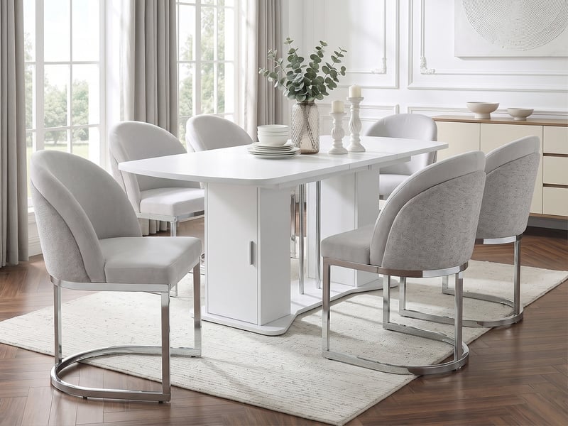  Ens table chaises 4-6 pers, table extensible 120/160cm blancargent + 6 chaises chenille grisargent, style moderne  - Conforama B