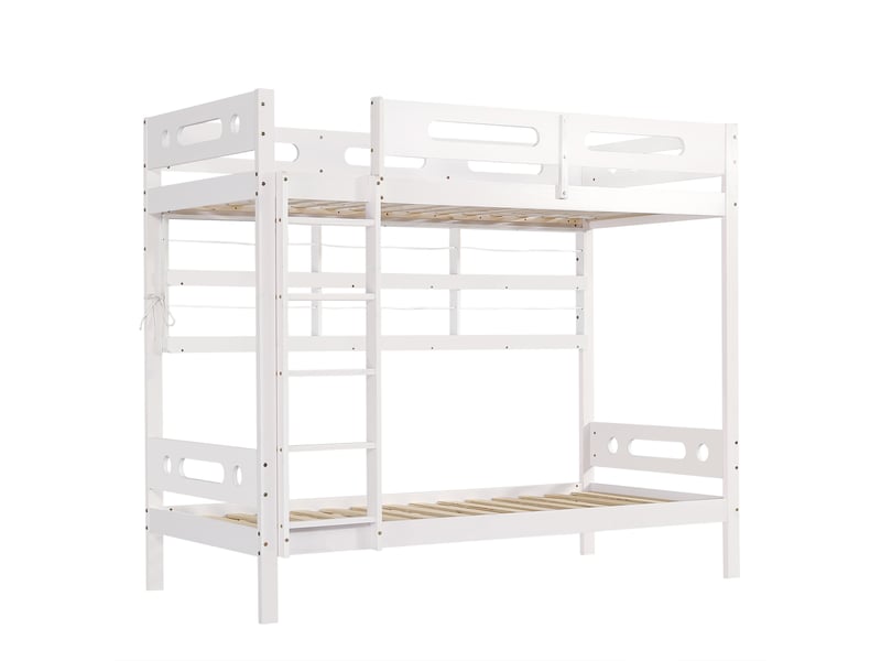  Lit superposé enfant 90x200 cm – blanc et naturel – échelle 5 marches, rangements ouverts, sans matelas  - Conforama D