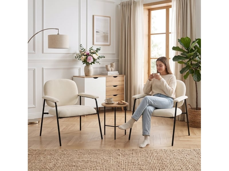 Fauteuil lot de 2 en chenille avec accoudoirs rembourrés et dossier, structure métallique, polyester crème et noir - Conforama B