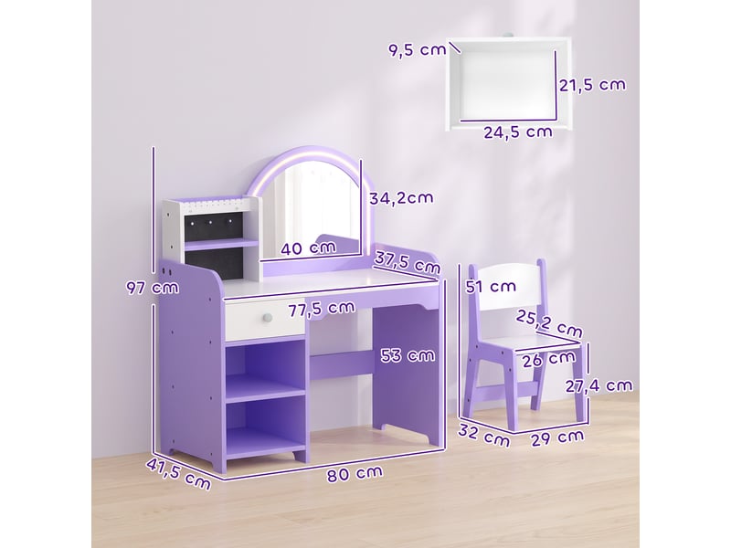  Coiffeuse enfant avec miroir led et tabouret en mdf violet 80 x 41,5 x 97 cm  - Conforama C