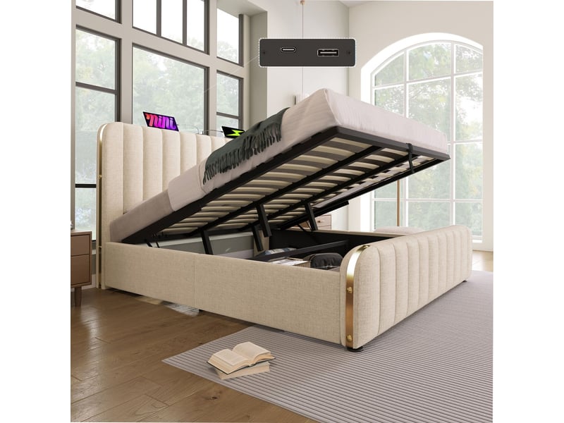  Lit coffre 180x200, ouverture hydraulique lit double, lit rembourré beige, ports usb type-c, matelas inclus, détails dorés  - Conforama E