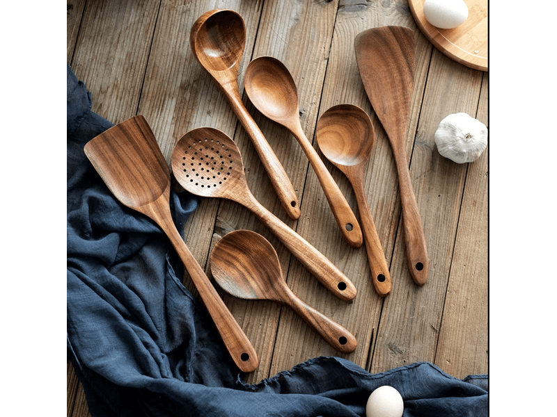Set de 7 ustensiles de cuisine,meulva,33,5x15x15 cm,bois de teck,marron - Conforama B