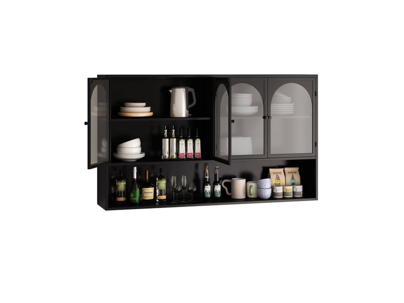  Armoire murale 120 cm, 4 portes, rangement vertical, pour cuisine, salon et salle de bain, en métal noir et verre gris  - Conforama A