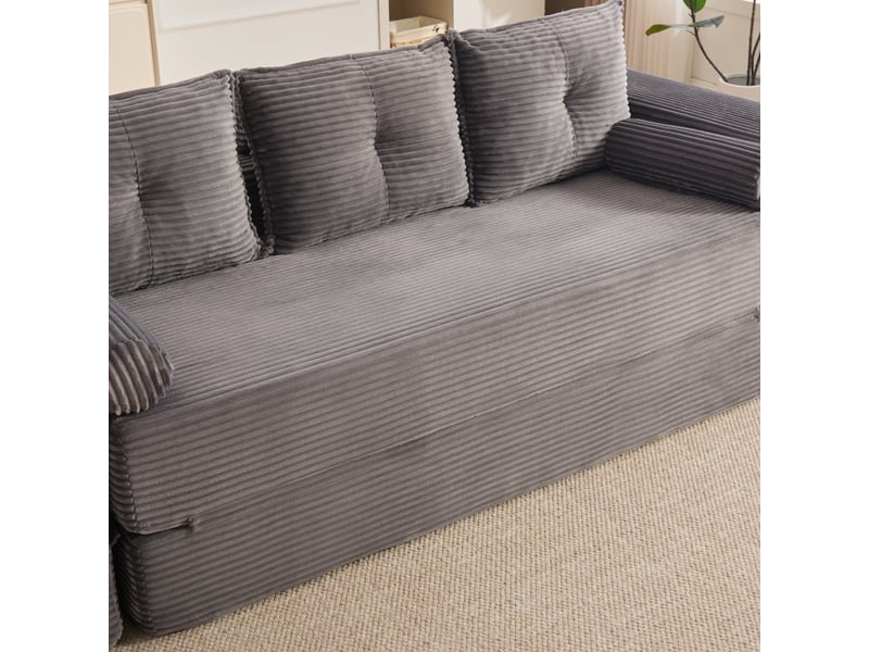 Canapé convertible 3 places en velours côtelé gris foncé avec porte-gobelet et coussins à mémoire de forme  - Conforama W