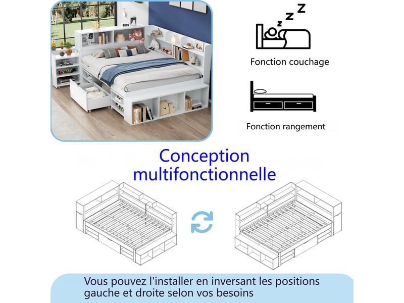  Lit double 140x190cm lit enfant adolescent adulte avec table de chevet caché étagères de rangement tiroir sommier à latte, blanc  - Conforama E