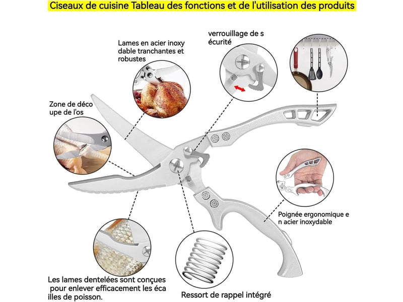  Ciseaux de cuisine avec poignées en métal – pour poulet, volaille et poisson  - Conforama B