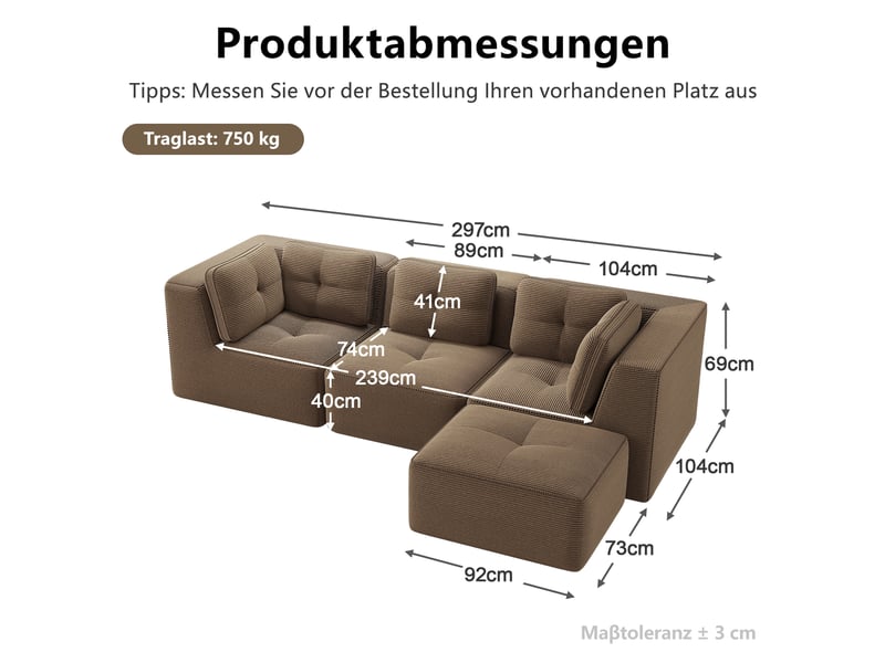 Canapé d’angle modulable 3 places velours côtelé marron – 297 x 177 x 69 cm Fay Lum - Conforama C