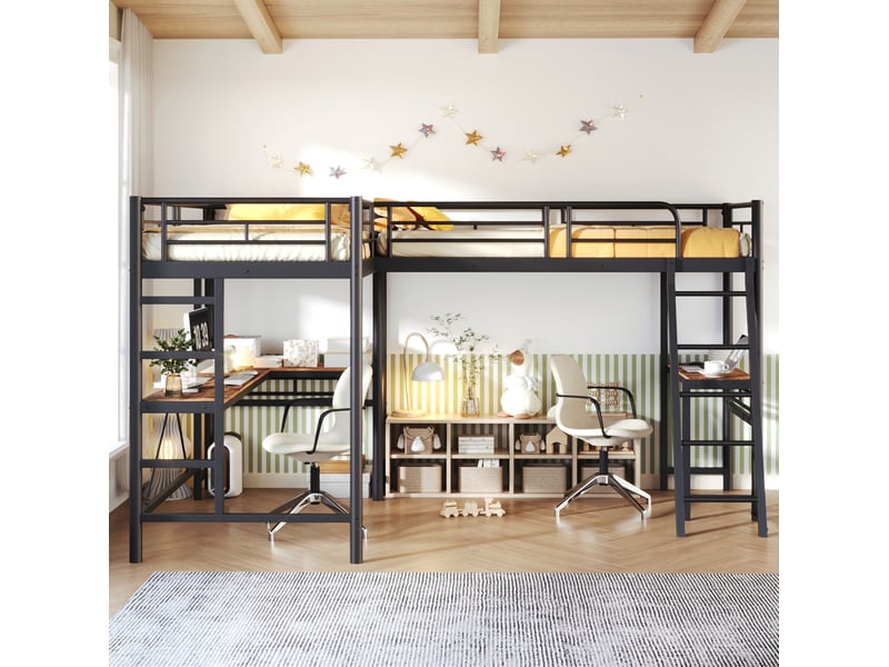  Lit mezzanine double 90x200 cm avec bureau et échelles noir  - Conforama D