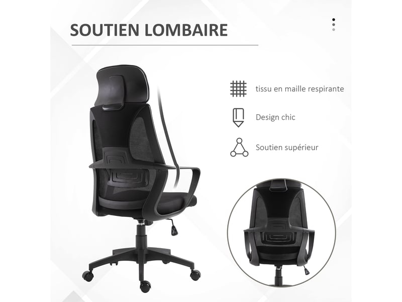  Chaise bureau ergonomique, fauteuil de bureau en maille, appui-tête, hauteur réglable, noir, 64 x 55 x 116-126 cm  - Conforama W