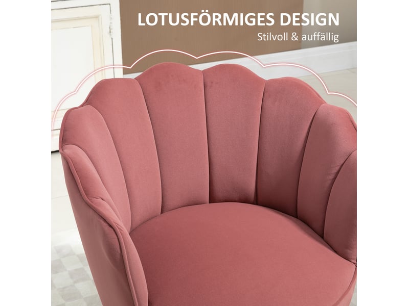  Fauteuil avec accoudoirs et dossier en forme de lotus, assise rembourrée, pieds en bois d’hévéa, polyester rose  - Conforama D