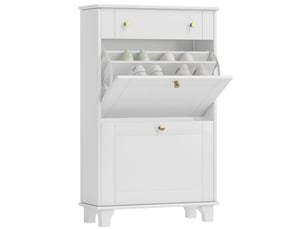 Meuble à chaussures blanc, étagère à chaussures étroite avec 2 portes à charnières et 1 tiroir pour 8 paires de chaussures, 60 x 23,5 x 98,5 cm
