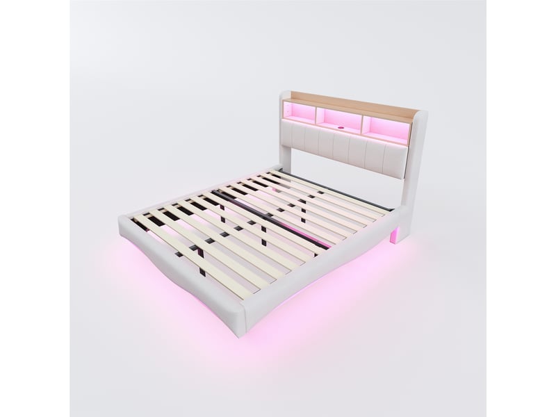  Lit capitonné suspendu 160x200 cm beige en lin, led, usb type-c et rangement de tête et coffre  - Conforama A