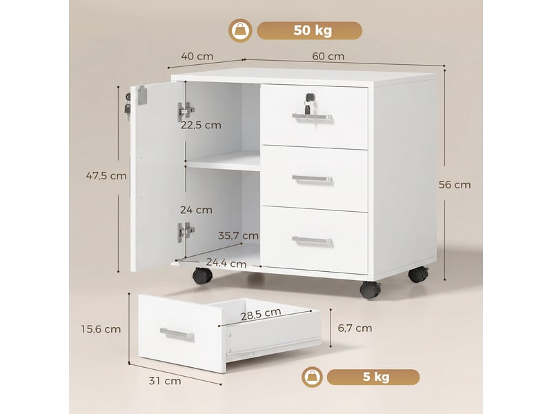  Caisson bureau meuble de rangement verrouillable avec 3 tiroirs et étagère réglable, roulettes, blanc, 40 x 60 x 56 cm  - Conforama C