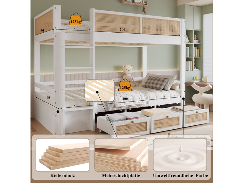 Lit superposé enfant 90 x 200 cm avec 3 tiroirs à roulettes, blanc et naturel - Conforama C