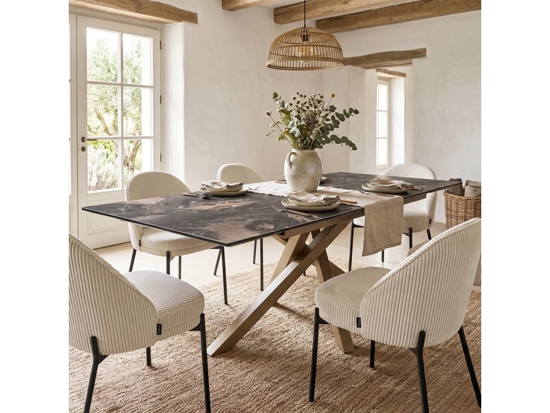  Table à manger rectangulaire extensible 8-10 pers. En céramique effet marbre brun et piètement bronze 180-260x98 cm - molina Molina - Conforama B