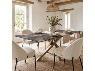 Table à manger rectangulaire extensible 8-10 pers. En céramique effet marbre brun et piètement bronze 180-260x98 cm - molina