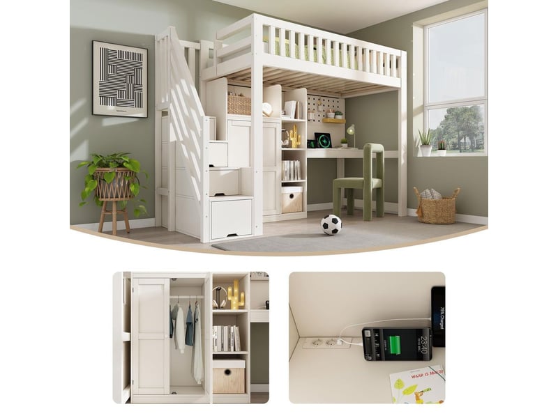 Lit mezzanine enfant blanc 90x200 cm avec bureau, armoire-échelle, penderie, étagères ouvertes, ports usb et usb-c, sommier à lattes, tout-en-un compact, sans matelas - Conforama D