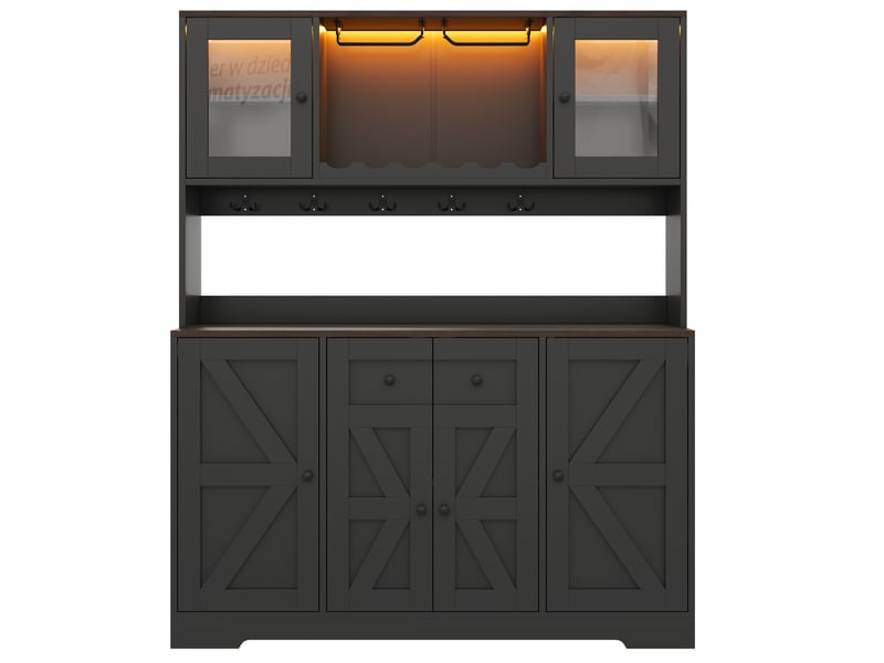 Buffet de cuisine haut 140x40x173 cm noir avec led rgb, 2 prises + 2 usb, casier à vin et porte-verres Fay Lum - Conforama D