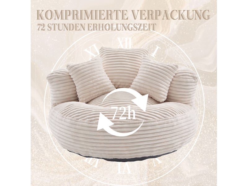 Fauteuil pouf lounge avec dossier haut, accoudoirs enveloppants et assise confortable en velours côtelé beige - Conforama E