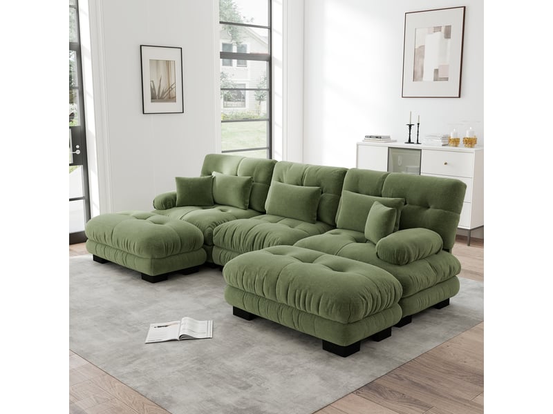 Canapé panoramique en u modulable avec assise profonde et ottoman, en chenille vert pour salon - Conforama D