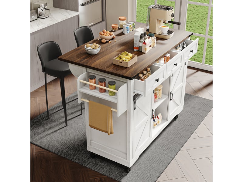 Îlot de cuisine avec plateau extensible 140cm, chariot de cuisine sur roulettes, meuble de rangement beige avec portes coulissantes - Conforama B