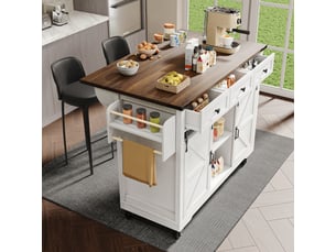 Îlot de cuisine avec plateau extensible 140cm, chariot de cuisine sur roulettes, meuble de rangement beige avec portes coulissantes