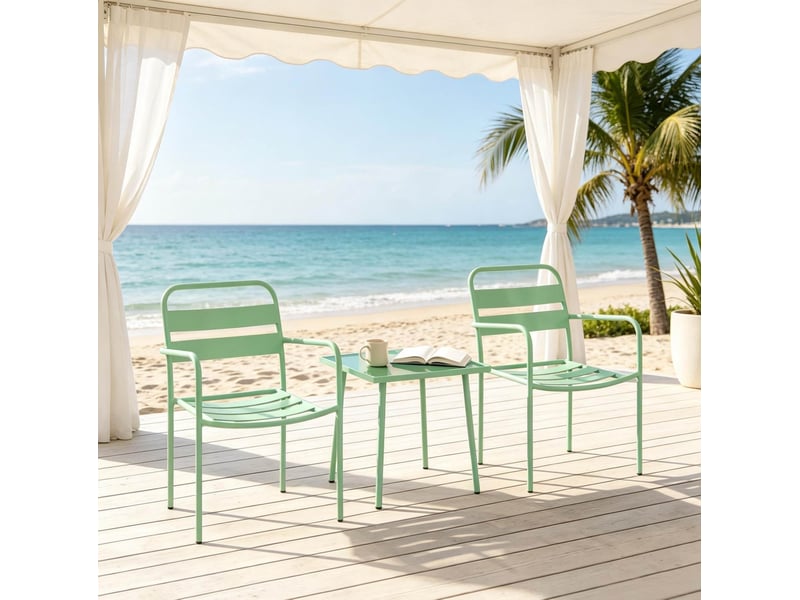  Ensemble bistro de jardin 3 pièces vert avec table en verre trempé et 2 fauteuils  - Conforama B
