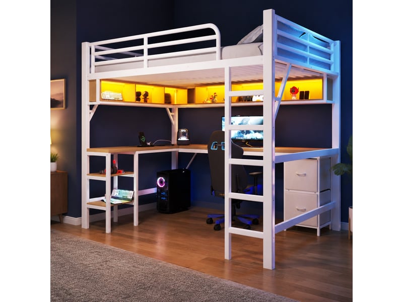  Lit mezzanine gaming 140 x 200 cm en métal avec bureau, rangements, usb et led blanc  - Conforama C