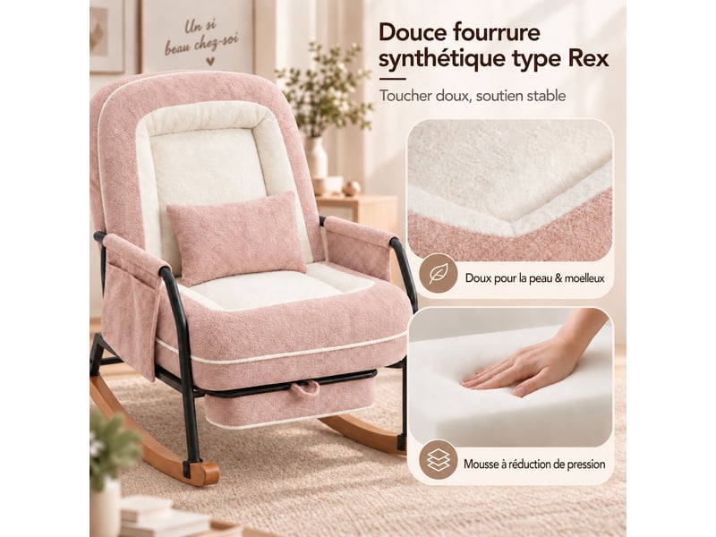  Fauteuil à bascule moderne avec dossier inclinable 100°-160°, repose-pieds escamotable, coussin en fausse fourrure de lapin,rose  - Conforama C