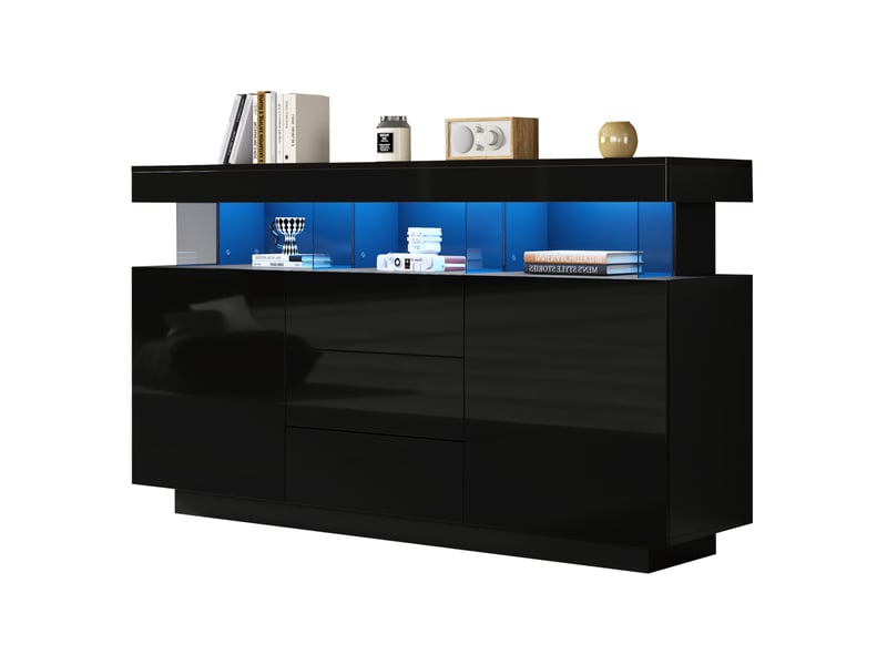  Buffet laqué moderne 140x35x80 cm, avec éclairage led réglable, 3 tiroirs, 2 portes battantes, plateau acrylique, noir  - Conforama A