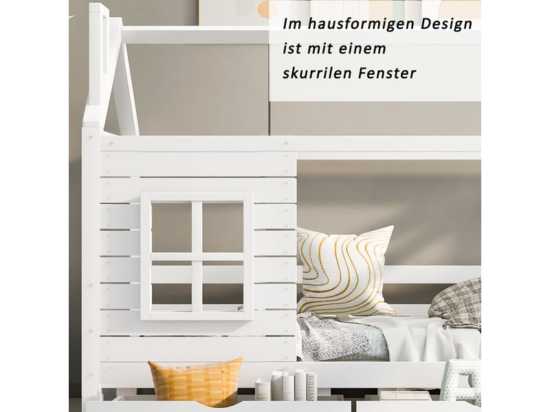  Lit cabane enfant 90x200 bois massif blanc avec tiroirs de rangement et barrière  - Conforama R