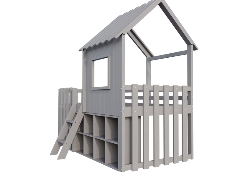 Lit avec rangement enfant 90x200 cm, étagère, toit, fenêtre, escalier, sommier, bois gris, sans matelas - Conforama E